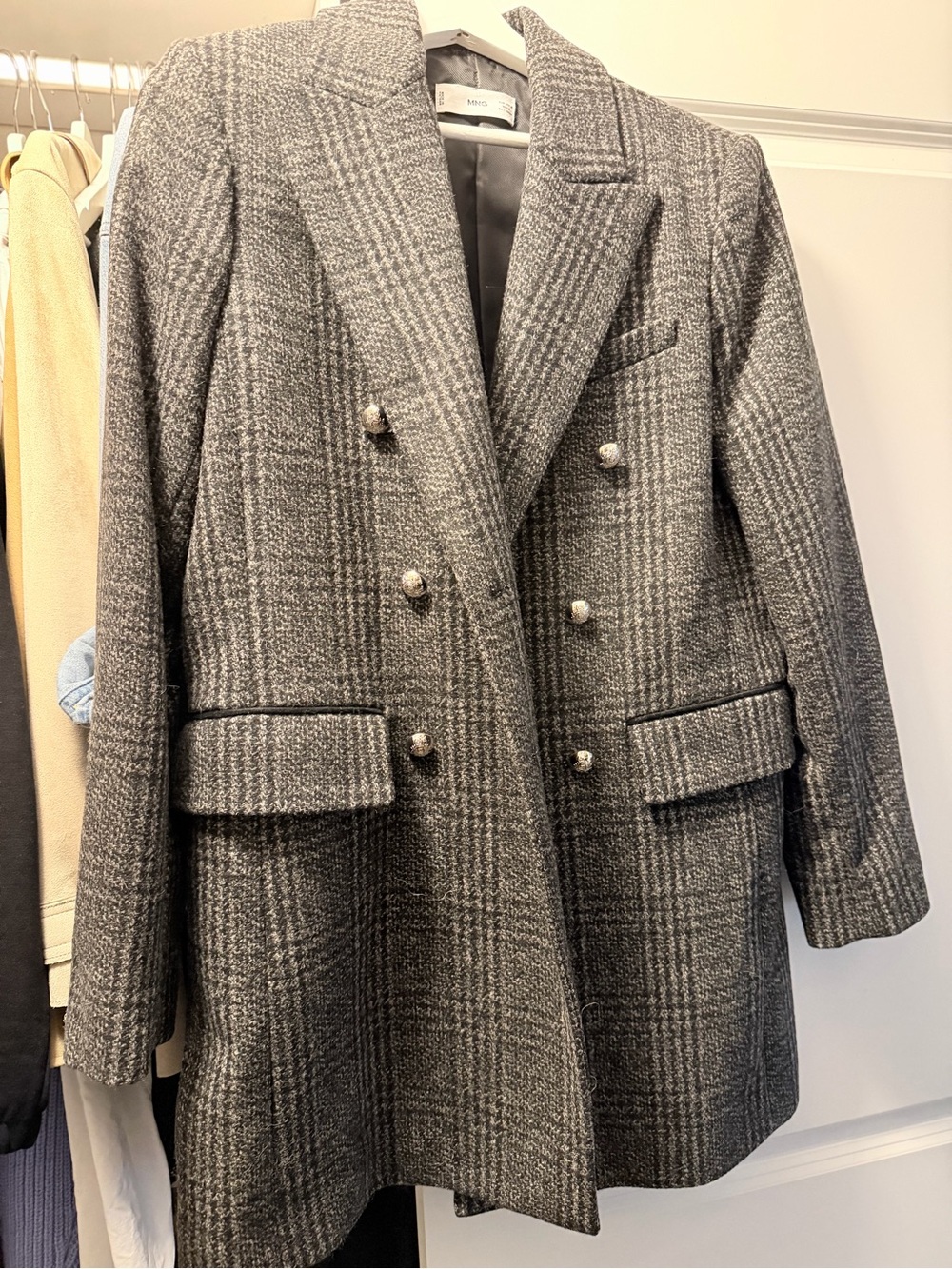 Mango Double-Breasted Gray Plaid Blazer Coat